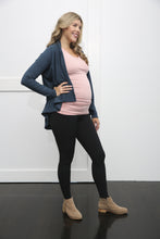 Load image into Gallery viewer, maternity leggings with belly support being shown with a cardigan. The goodbody goodmommy leggings.